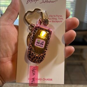 Betsey Johnson Pink Leopard & Gold Flip Phone Keychain Charm